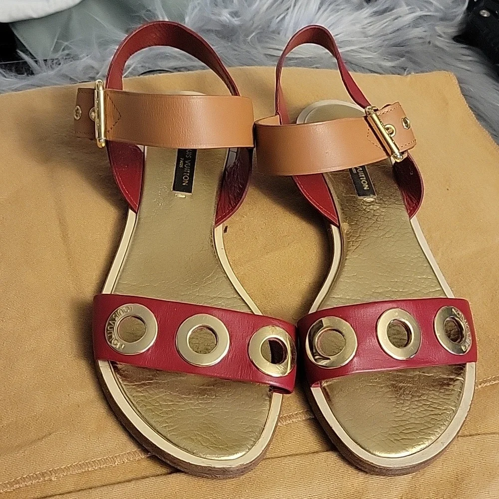 Louis Vuitton Red and Tan Leather Sandals - Picture 11 of 15